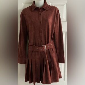 Women's Long Sleeve Suede Mini Shirtdress -Burgundy
